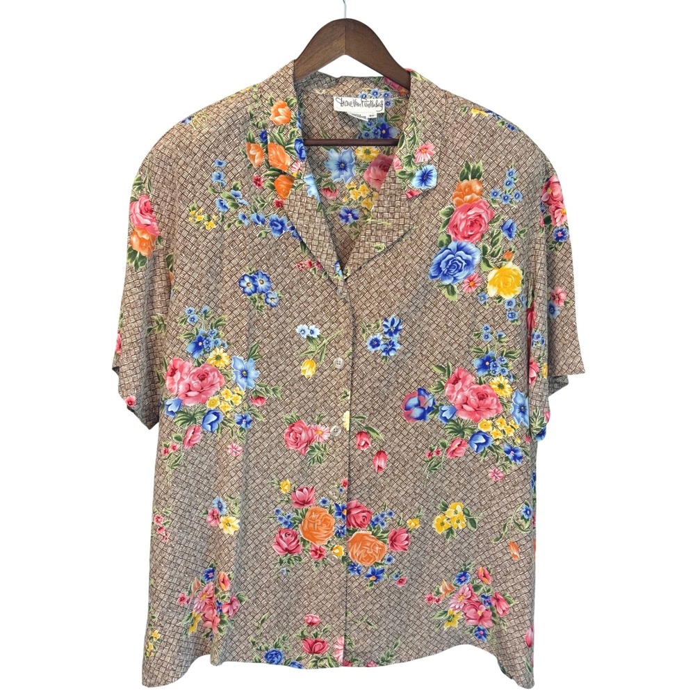 VINTAGE Diane Von Furstenberg 100% Silk Brown Floral Short Sleeve Blouse Size 2X